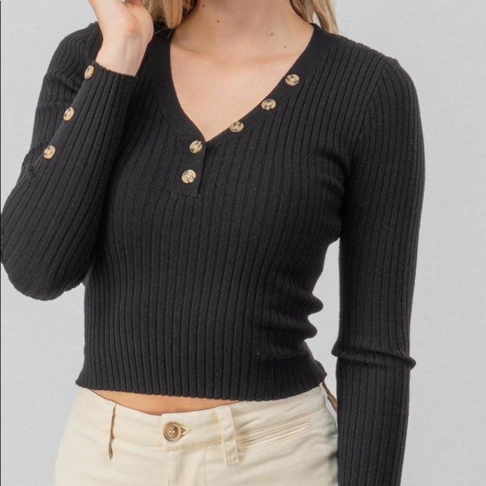 Black Button Ribbed Long Sleeve Sweater - Picture 2 of 2
